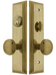 Manhattan F20 Function Mortise Lock Entryset in Antique Brass with Left Hand Providence Knobs, and Stop/Release Buttons.